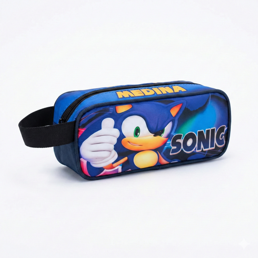 Cartuchera escolar con diseño de Sonic en tonos azules, cierre superior, asa lateral negra y nombre personalizado, marca Morralkids, fabricado en Venezuela.