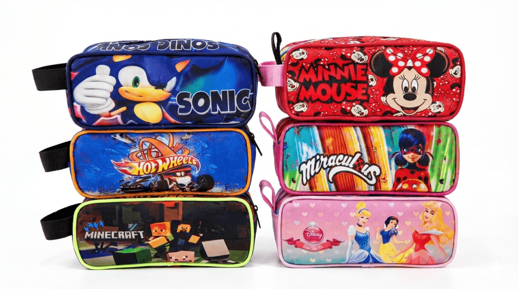 Set de maxicartucheras escolares estampadas con personajes infantiles populares, colores vivos y asas laterales resistentes, ideales para organizar útiles, marca Morralkids, fabricado en Venezuela