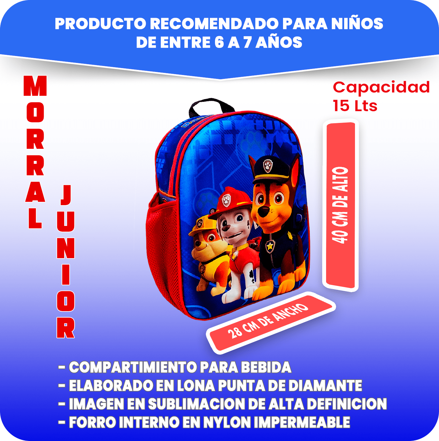 Medidas del morral escolar junior marca morralkids