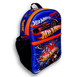 Morral escolar modelo junior con motivo de hot wheels elaborado con lona punta de diamante y estampado en alta definicion por morralkids