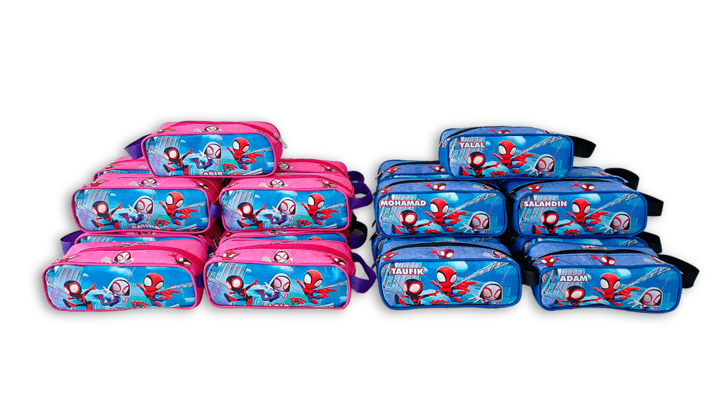 Cartucheras escolares con motivo de spidey spiderman estampadas para cotillones y promociones de grado