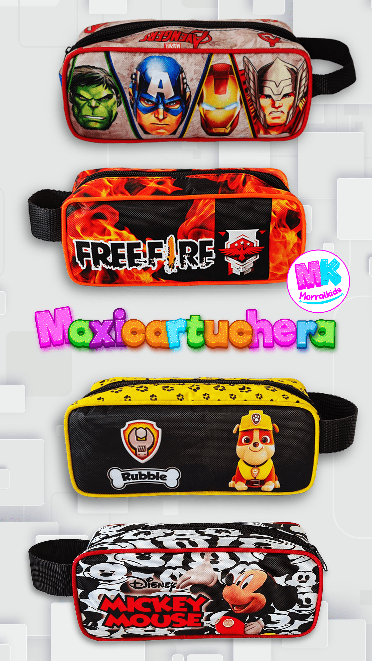 Cartucheras escolares estampadas de la marca morralkids venezuela