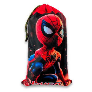 Saquito party para cotillones y celebraciones corporativas elaborado por la empresa Morralkids Venezuela. Motivo Spiderman para cumpleaños