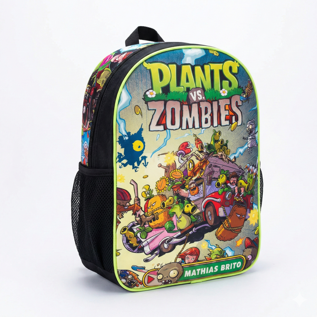 Mochila infantil con diseño colorido de Plants vs Zombies, con estampado multicolor y detalles en verde neón y negro, marca Morralkids, fabricado en Venezuela.