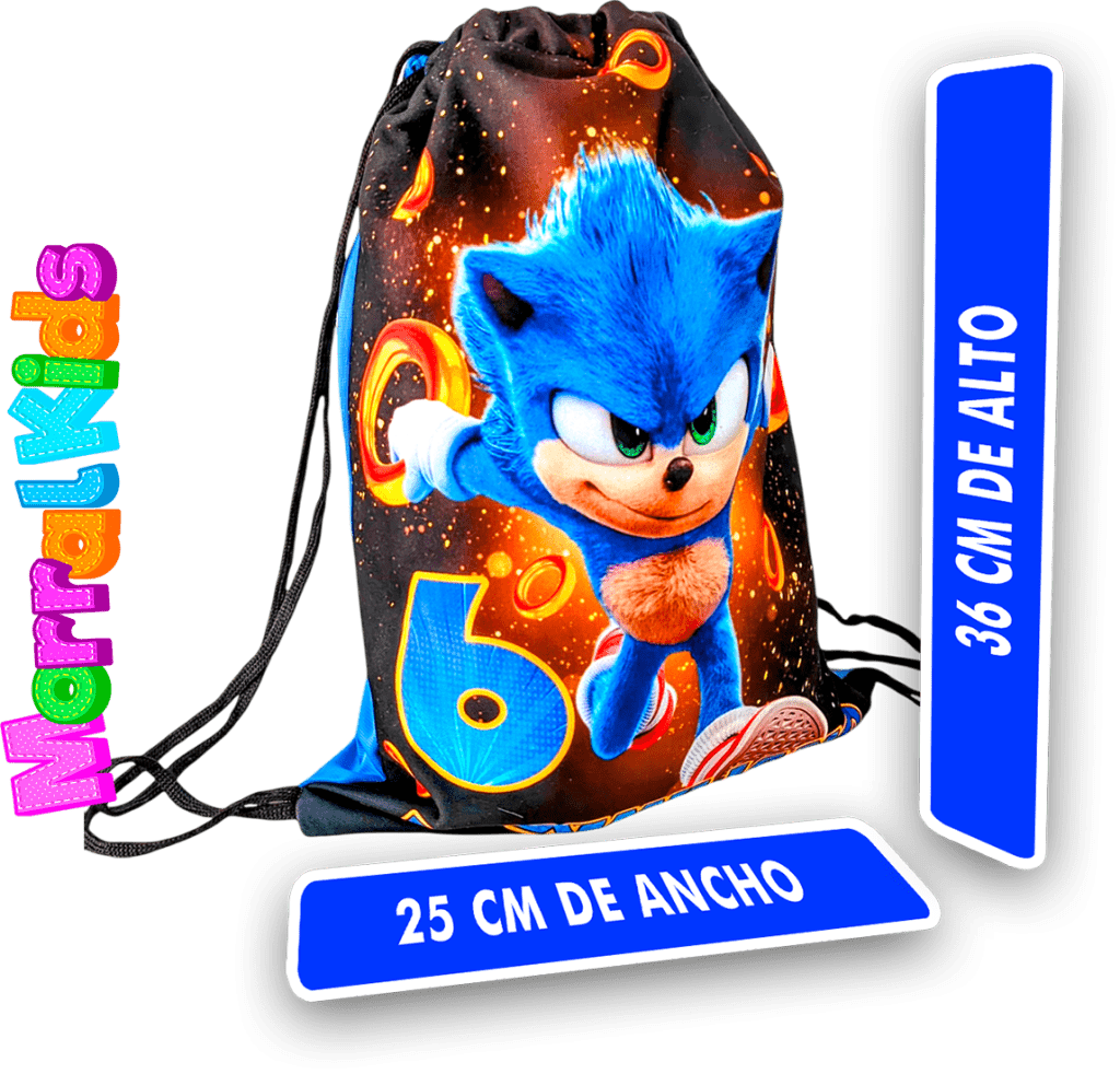 Tula infantil par5a cotillon con diseño estampado, fondo negro con detalles naranjas, medidas 36 cm alto x 25 cm ancho, marca Morralkids, fabricado en Venezuela